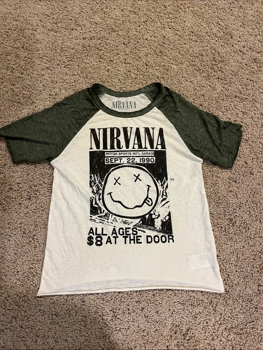 NIRVANA White and Dark Green Raglan Tee with Smiley Graphic